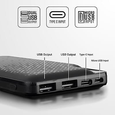ZEBRONICS ME53 Power Bank, 10000 mAh, 10W, Dual USB Output, Type C & Micro USB Input, Built in Protections, Percentage LED Display, Included USB to Type C Cable ZEBRONICS ME53 Power Bank, 10000 mAh, 10W, Dual USB Output, Type C & Micro USB Input, Built in Protections, Percentage LED Display, Included USB to Type C Cable