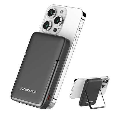 Ambrane 10000mAh Magsafe Fast Wireless Charging Power Bank, Strong Metal Mobile Stand, 22.5W Wired + 15W Wireless for iPhone 12 & Above
