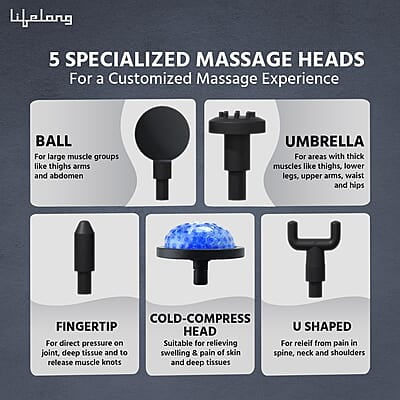 Lifelong Gun Massager for Pain Relief with Cold Compression & 99 Speed Settings - Rechargeable, 5 Massage Heads, 3 Modes for Full Body Deep Tissue Percussion Massage Lifelong Gun Massager for Pain Relief with Cold Compression & 99 Speed Settings - Rechargeable, 5 Massage Heads, 3 Modes for Full Body Deep Tissue Percussion Massage