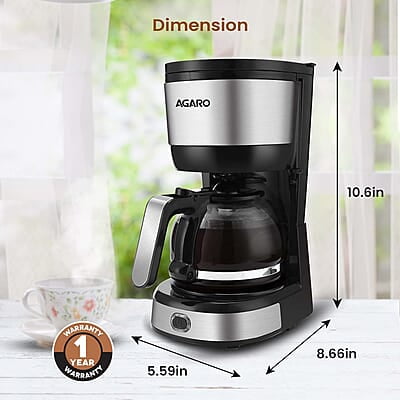 AGARO Royal 4 Big Cups Drip Coffee Maker, 600 Ml Borosilicate Glass Carafe Jar, 750W AGARO Royal 4 Big Cups Drip Coffee Maker, 600 Ml Borosilicate Glass Carafe Jar, 750W