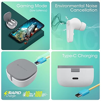 Zebronics Sound Bomb 7 Bluetooth TWS in Ear Earbuds with 40H Playtime, ENC Mic, Rapid Charge, Upto 50ms Gaming Mode, Flash Connect, Voice assistant, Smooth Touch Control, BT v5.2, Type C