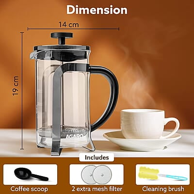 AGARO Classic French Press Coffee And Tea Maker, Borosilicate Glass Body With Sleeves, Glass Carafe, BPA Free Plastic Lid Strainer, 600Ml AGARO Classic French Press Coffee And Tea Maker, Borosilicate Glass Body With Sleeves, Glass Carafe, BPA Free Plastic Lid Strainer, 600Ml