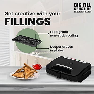 Havells Big Fill Crustino Sandwich Maker 900W with Food Grade Non Stick Coated Sole Plates