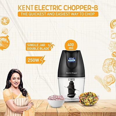 KENT Electric Chopper-B for Kitchen 250 Watt | Chop, Mince, Puree, Whisk, 400 ml Capacity | Stainless Steel Double Chopping Blades | Transparent Chopping Bowl | Anti-Skid | One Touch Operation | Black KENT Electric Chopper-B for Kitchen 250 Watt | Chop, Mince, Puree, Whisk, 400 ml Capacity | Stainless Steel Double Chopping Blades | Transparent Chopping Bowl | Anti-Skid | One Touch Operation | Black