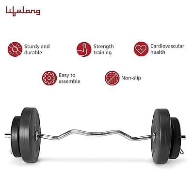 Lifelong PVC Home Gym Set 10Kg -20kg Plate 3Feet Curl Rod and Dumbbells Rods with Gym Accessories