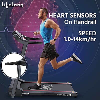 Lifelong FitPro LLTM111 (2.5 HP Peak) Motorized Treadmill for Home with 12 preset Workouts, Max Speed 14km/hr., Bluetooth Speaker Max. User Weight 110kg Lifelong FitPro LLTM111 (2.5 HP Peak) Motorized Treadmill for Home with 12 preset Workouts, Max Speed 14km/hr., Bluetooth Speaker Max. User Weight 110kg