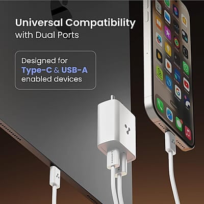 Ambrane 33W USB & Type-C Dual Port Fast Wall Charging Adapter with QC & PD Technology Compatible Ambrane 33W USB & Type-C Dual Port Fast Wall Charging Adapter with QC & PD Technology Compatible