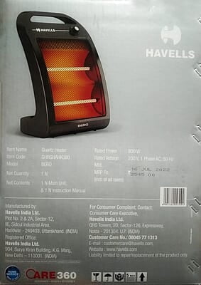 Havells Bero Quartz Heater Black 800 watt 2 Heat Settings Havells Bero Quartz Heater Black 800 watt 2 Heat Settings