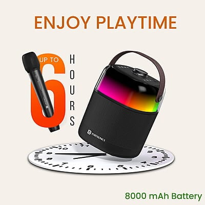 Portronics Dash 4 50W Wireless Bluetooth Party Speaker with Karaoke Mic, Upto 6 Hours Playtime, HD Sound, Bass Boost Technology, EQ Modes, 360° RGB Lights, BT 5.3v, AUX in Portronics Dash 4 50W Wireless Bluetooth Party Speaker with Karaoke Mic, Upto 6 Hours Playtime, HD Sound, Bass Boost Technology, EQ Modes, 360° RGB Lights, BT 5.3v, AUX in