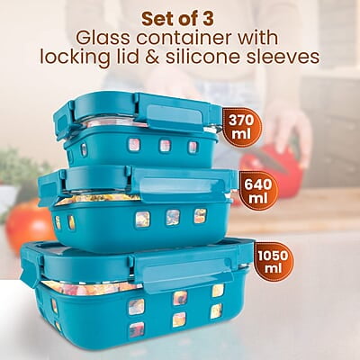 AGARO Imperial Borosilicate Glass Containers With Silicone Sleeves & With Lock Lid, 3 pcs Set, 370ml, 640ml, 1050ml Cyan. AGARO Imperial Borosilicate Glass Containers With Silicone Sleeves & With Lock Lid, 3 pcs Set, 370ml, 640ml, 1050ml Cyan.