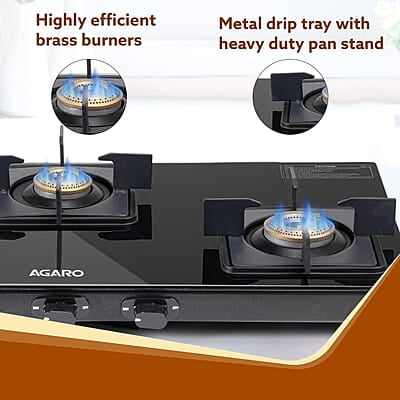 AGARO Regency 3 Burners Gas Stove, Toughened Glass Top, Brass Burners, 1 Small, 1 Medium & 1 Big Size Burner AGARO Regency 3 Burners Gas Stove, Toughened Glass Top, Brass Burners, 1 Small, 1 Medium & 1 Big Size Burner