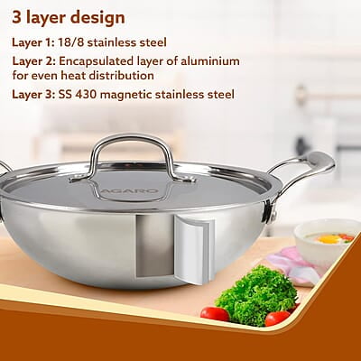 AGARO Regency Tri-Ply Steel Kadai, 2.25L Capacity, 24 cm Stainless Steel AGARO Regency Tri-Ply Steel Kadai, 2.25L Capacity, 24 cm Stainless Steel