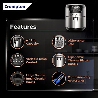 Crompton NourisPro DG 4.5 Ltr Digital Air Fryer with Quick Fry Technology 1500 Watts Double Inner Bowl for Easy Cleaning Crompton NourisPro DG 4.5 Ltr Digital Air Fryer with Quick Fry Technology 1500 Watts Double Inner Bowl for Easy Cleaning