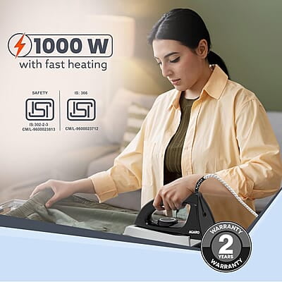 AGARO Regal Heavy Weight Electric Dry Iron, 1000W, Non- Stick Coated Heavy Sole Plate