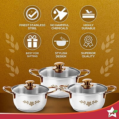 Wonderchef Gold Stanton Stainless Steel 3 piece Casserole Set with Glass Lid Set of 3 (1.6L, 2.3L, 3.1L)