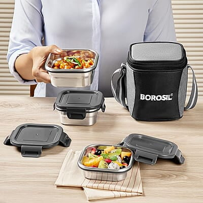 Borosil Feast Stainless Steel Lunch Box with Bag | Set of 3 (520 ml x 1 + 400 ml x 1 + 250 ml x 1), Square Borosil Feast Stainless Steel Lunch Box with Bag | Set of 3 (520 ml x 1 + 400 ml x 1 + 250 ml x 1), Square