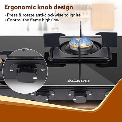 AGARO Regency 3 Burners Gas Stove, Toughened Glass Top, Brass Burners, 1 Small, 1 Medium & 1 Big Size Burner AGARO Regency 3 Burners Gas Stove, Toughened Glass Top, Brass Burners, 1 Small, 1 Medium & 1 Big Size Burner