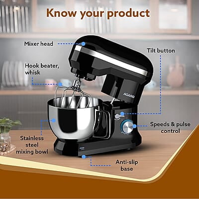AGARO Royal Stand Mixer 1000W with 5L SS Bowl and 8 Speed Setting I Includes Whisking Cone, Mixing Beater & Dough Hook, and Splash Guard