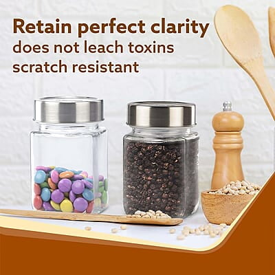 AGARO Elegant Cube Jar 310 ml, Steel Lid, Storage Glass Container Pack of 6