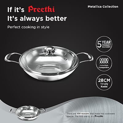 Preethi Metallica Collection Triply Stainless Steel Kadai with Glass Lid, 28 cm, Gas & Induction Preethi Metallica Collection Triply Stainless Steel Kadai with Glass Lid, 28 cm, Gas & Induction