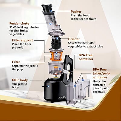 AGARO Royal Slow Juicer, Professional Cold Press Whole Slow Juicer, 240 Watts Power Motor, 120 Minutes Long Usage, 3 Strainers, All-in-1 Fruit & Vegetable Juicer, Black AGARO Royal Slow Juicer, Professional Cold Press Whole Slow Juicer, 240 Watts Power Motor, 120 Minutes Long Usage, 3 Strainers, All-in-1 Fruit & Vegetable Juicer, Black
