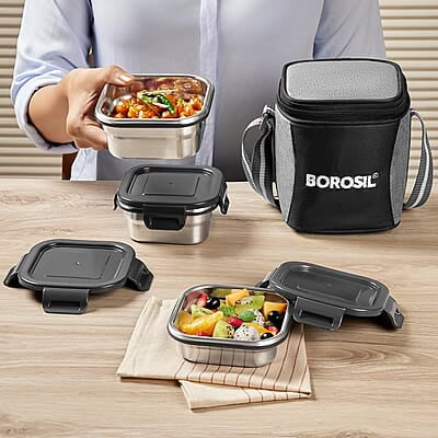 Borosil Feast Stainless Steel Lunch Box with Bag | Set of 3 (400 ml x 2 + 250 ml x 1), Square