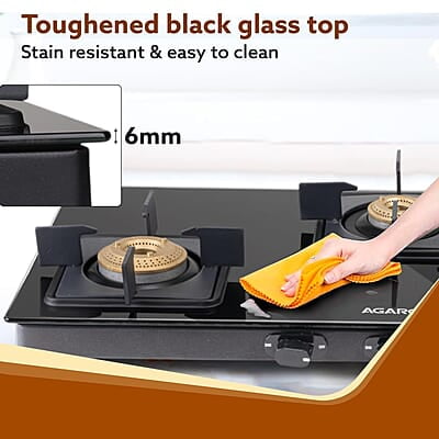 AGARO Regency 3 Burners Gas Stove, Toughened Glass Top, Brass Burners, 1 Small, 1 Medium & 1 Big Size Burner AGARO Regency 3 Burners Gas Stove, Toughened Glass Top, Brass Burners, 1 Small, 1 Medium & 1 Big Size Burner