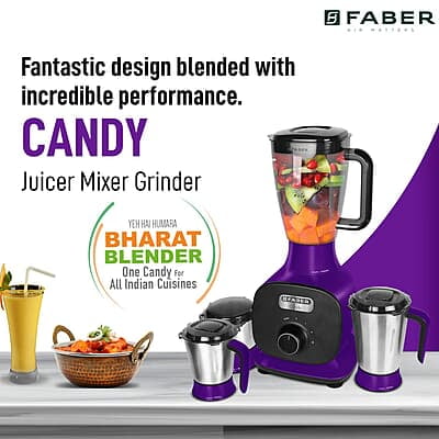 Faber 1000W Juicer Mixer Grinder with 3 Stainless Steel Jar+ 1 Fruit Filter FMG Candy Purple Faber 1000W Juicer Mixer Grinder with 3 Stainless Steel Jar+ 1 Fruit Filter FMG Candy Purple