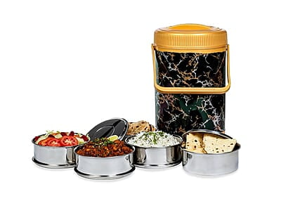 Varmora Jumbo Cosmic Lunch, Set of 5 Containers (700 ml Each) Stainless Steel- Insulated Lunch Box- Gold Varmora Jumbo Cosmic Lunch, Set of 5 Containers (700 ml Each) Stainless Steel- Insulated Lunch Box- Gold