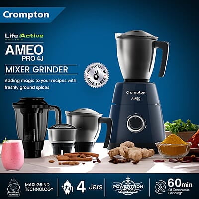 CROMPTON AMEO PRO 750W 4 Jars Mixer Grinder with MaxiGrind and Motor Vent-X Technology CROMPTON AMEO PRO 750W 4 Jars Mixer Grinder with MaxiGrind and Motor Vent-X Technology