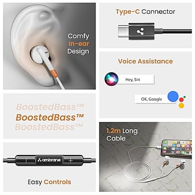 Ambrane Wired Type C in Ear Earphones with in-line Mic for Clear Calling, 1.2M Cable, 14mm Dynamic Drivers for BoostedBass, Multi-Functional Controller for Type C Enabled Mobiles Stringz 02 Ambrane Wired Type C in Ear Earphones with in-line Mic for Clear Calling, 1.2M Cable, 14mm Dynamic Drivers for BoostedBass, Multi-Functional Controller for Type C Enabled Mobiles Stringz 02