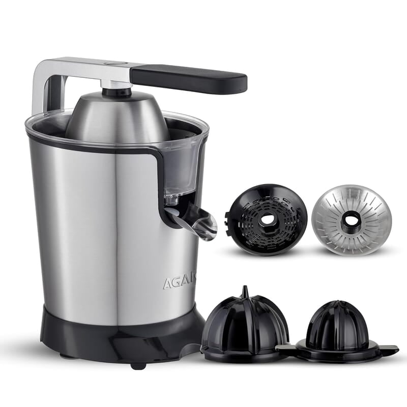 AGARO Regency Electric Citrus Juicer 350W, 650 ml, Pulp Regulator, AC Copper Motor, 2 Cones For All Citrus fruits, 2 filters, Anti Drip, Stainless Steel Body, Silver & Black AGARO Regency Electric Citrus Juicer 350W, 650 ml, Pulp Regulator, AC Copper Motor, 2 Cones For All Citrus fruits, 2 filters, Anti Drip, Stainless Steel Body, Silver & Black