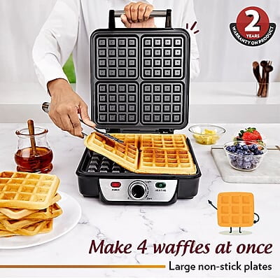 Borosil Jumbo Waffle Maker, 1100W, Non-Stick Grilling Plate, 4 Jumbo Bread Slices