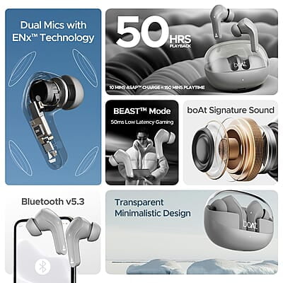 boAt Airdopes 311 Pro w/Up to 50 HRS Playtime, ASAP Charge(10min=150 Mins), Dual Mics w/ENx Tech, Transparent ID, 50 ms Low-Latency Beast Mode, IPX4 Truly Wireless in Ear Earbuds boAt Airdopes 311 Pro w/Up to 50 HRS Playtime, ASAP Charge(10min=150 Mins), Dual Mics w/ENx Tech, Transparent ID, 50 ms Low-Latency Beast Mode, IPX4 Truly Wireless in Ear Earbuds