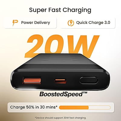 Ambrane 10000mAh Slim Power Bank, 20W Fast Charging, Dual Output, Type C PD (Input & Output), Quick Charge Ambrane 10000mAh Slim Power Bank, 20W Fast Charging, Dual Output, Type C PD (Input & Output), Quick Charge
