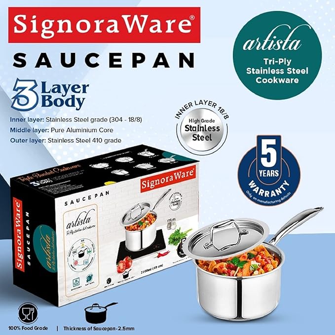 Signora Ware Artista Tri- play Sauce Pan Witht Lid 2100 ML (18 CM) Signora Ware Artista Tri- play Sauce Pan Witht Lid 2100 ML (18 CM)