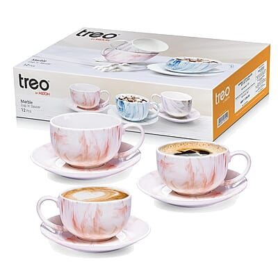 Treo by Milton Marble Cup and Saucer Set of 12, Marble Brown Treo by Milton Marble Cup and Saucer Set of 12, Marble Brown