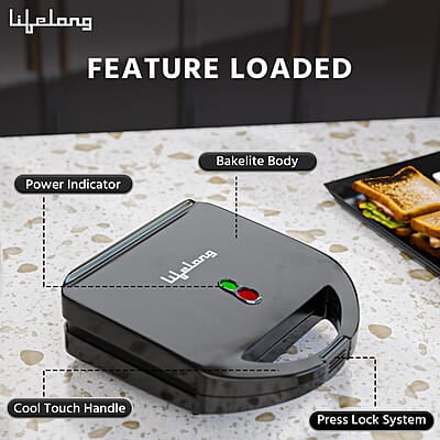 Lifelong LLSM120G Sandwich Griller, Classic Pro 750 W Sandwich Maker with 4 Slice Non-Stick Fixed Plates