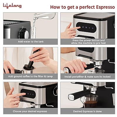 Lifelong Digital Espresso Coffee Maker -1350W Coffee Machine, 20 Bar Pressure Pump, Steam Band Lifelong Digital Espresso Coffee Maker -1350W Coffee Machine, 20 Bar Pressure Pump, Steam Band