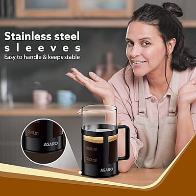 AGARO Delite French Press Coffee And Tea Maker, Borosilicate Glass Body With Sleeves, Glass Carafe, BPA Free Plastic Lid Strainer, 600Ml AGARO Delite French Press Coffee And Tea Maker, Borosilicate Glass Body With Sleeves, Glass Carafe, BPA Free Plastic Lid Strainer, 600Ml