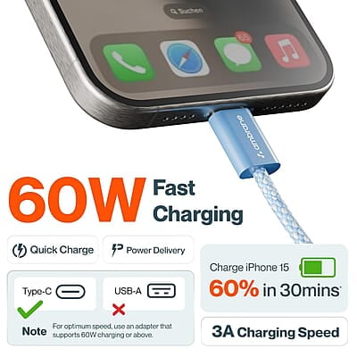 Ambrane 60W Type-C to Type-C Fast Charging Cable for Smartphones, Tablets, Laptops, iPhone 15 & Other Type C Devices, PD Technology, 480Mbps Data Sync, 1.2M (ABCC-60 Ambrane 60W Type-C to Type-C Fast Charging Cable for Smartphones, Tablets, Laptops, iPhone 15 & Other Type C Devices, PD Technology, 480Mbps Data Sync, 1.2M (ABCC-60