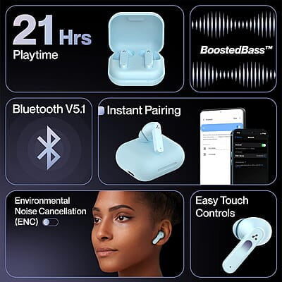 Ambrane Dots Sense True Wireless Earbuds with 21 Hours Playtime,Environmental Noise Cancellation (Enc),10Mm Drivers with Boostedbass,Bluetooth V5.1,Ipx4 Splash Proof