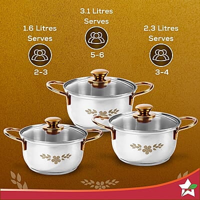 Wonderchef Gold Stanton Stainless Steel 3 piece Casserole Set with Glass Lid Set of 3 (1.6L, 2.3L, 3.1L)