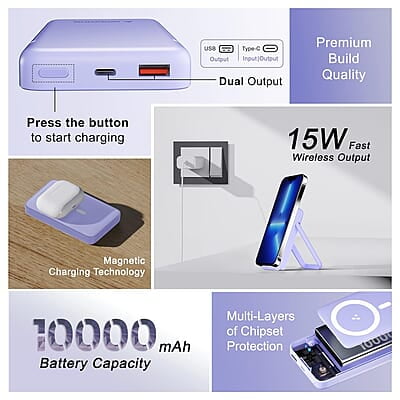 Ambrane 10000mAh Magnetic Wireless Power Bank with Stand, 15W Wireless Fast Charging, Compact 22.5W PD Wired Charger, Compatible with iPhone 12/13/14/15 & Other Wireless Devices Ambrane 10000mAh Magnetic Wireless Power Bank with Stand, 15W Wireless Fast Charging, Compact 22.5W PD Wired Charger, Compatible with iPhone 12/13/14/15 & Other Wireless Devices