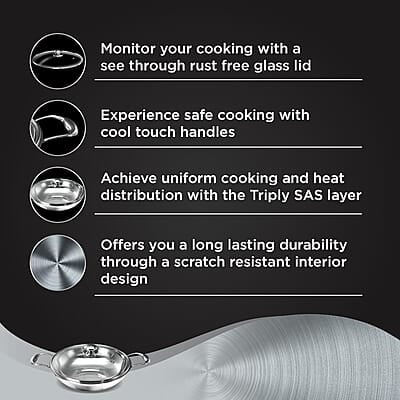 Preethi Metallica Collection Triply Stainless Steel Kadai with Glass Lid, 20 cm, Gas & Induction Compatible Preethi Metallica Collection Triply Stainless Steel Kadai with Glass Lid, 20 cm, Gas & Induction Compatible