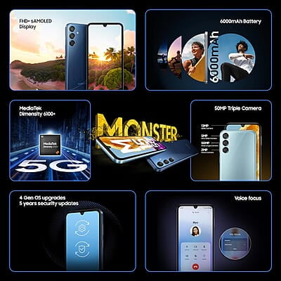 Samsung Galaxy M15 5G (Stone Grey,6GB RAM,128GB Storage)| 50MP Triple Cam| 6000mAh Battery| MediaTek Dimensity 6100+| 4 Gen. OS Upgrade & 5 Year Security Update| Super AMOLED Display| Without Charger