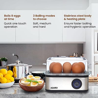 AGARO Grand Egg Boiler and Poacher,2-in1 Boils 8 Eggs, Poach 4 Eggs, Steamed Vegetables, 3 Boiling Modes, Stainless Steel Body, Transparent Lid, 500 Watts, Silver 14 ounces AGARO Grand Egg Boiler and Poacher,2-in1 Boils 8 Eggs, Poach 4 Eggs, Steamed Vegetables, 3 Boiling Modes, Stainless Steel Body, Transparent Lid, 500 Watts, Silver 14 ounces