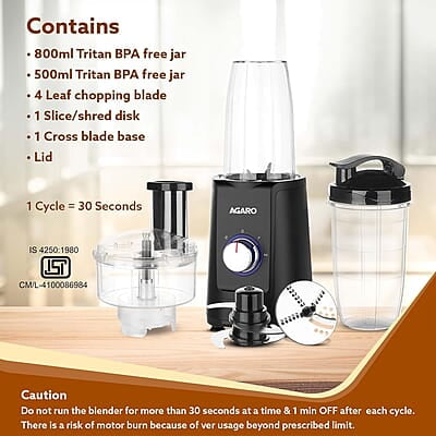 AGARO Regency Multifunctional Blender with Slicer, 250W, 100% Copper Motor, 2 Variable Speed Modes & Pulse Mode, Stainless Steel Blades, Chopper, Multipurpose Jar, slicer, Black AGARO Regency Multifunctional Blender with Slicer, 250W, 100% Copper Motor, 2 Variable Speed Modes & Pulse Mode, Stainless Steel Blades, Chopper, Multipurpose Jar, slicer, Black