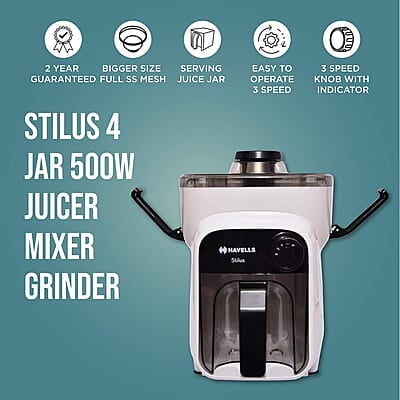 Havells Stilus 500 Watt Juicer Mixer Grinder 4 Jar With 3 Speed Led Indication Havells Stilus 500 Watt Juicer Mixer Grinder 4 Jar With 3 Speed Led Indication