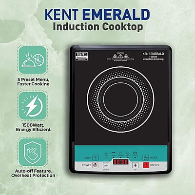 KENT Emerald Induction Cooktop 1500W | Faster Cooking with 5 Preset Options | Full Microcrystalline Glass